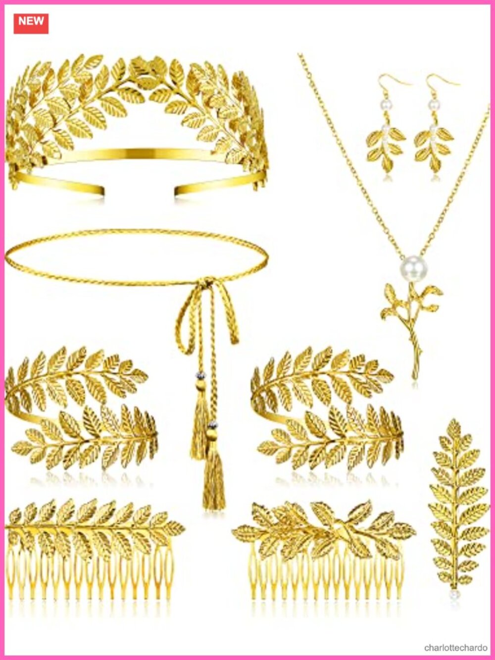 Greek Goddess Costume Accessory Set Gold Leaf Crown Belt Jewelry 9 Pc